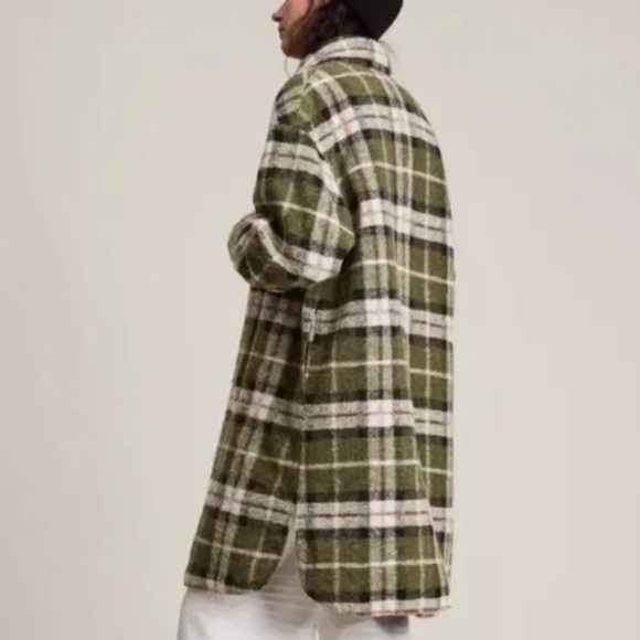 Rachel Zoe Shacket Plaid Cream Military Green Oversized Long sleeve Sz M - Picture 2 of 13